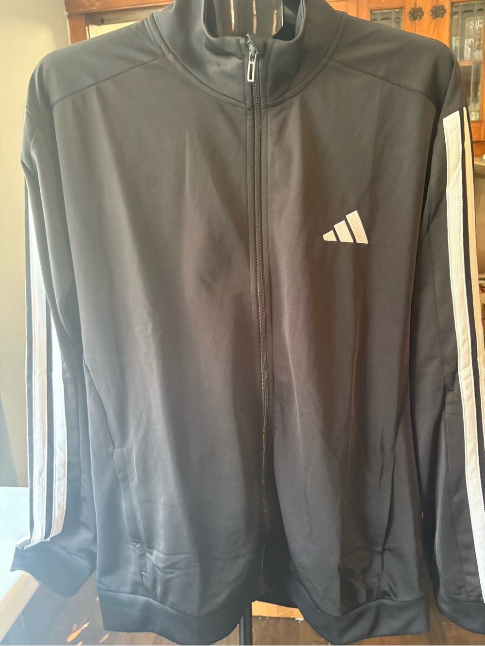 Adidas Black Full Zip Track Jacket Three Stripe Sleeves - Picture 3 of 7
